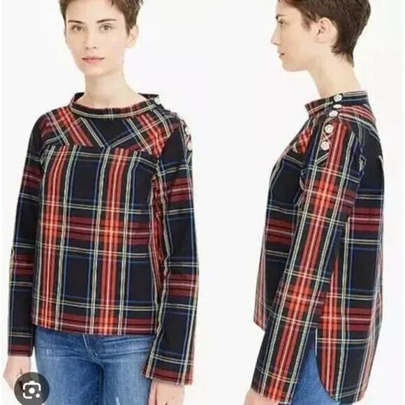 J.Crew Tops - J.Crew Plaid Funnelneck Shirt in Stewart tartan with Jeweled Buttons Women's 4